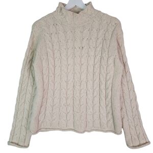 Irelandseye Wool Silk Blend Cream Cable Knit Mockneck Chunky Sweater